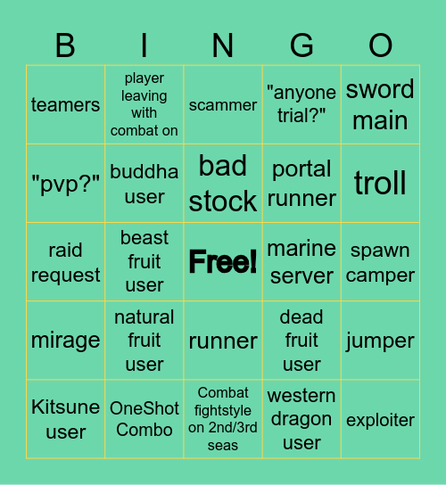 Blox fruits bingo card (remake for update 24) Bingo Card