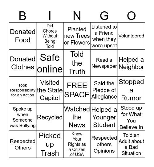 Citizenship Bingo Card