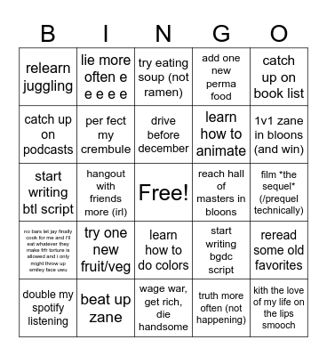 new years Bingo Card