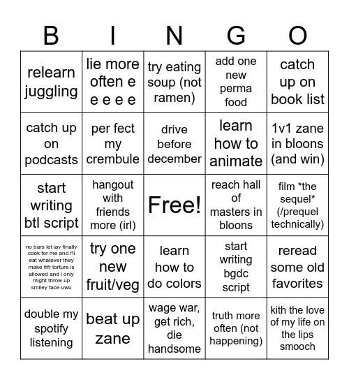 new years Bingo Card