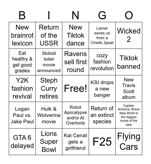 Grade Six Rizzlers 2025 Bingo Card