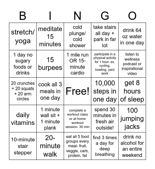 West Campus Wellness Bingo Card