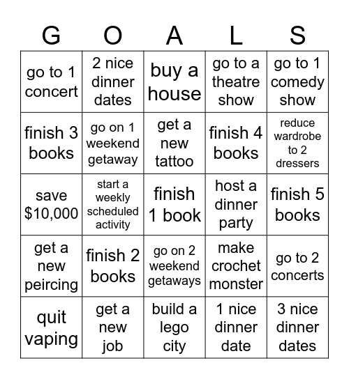 2025 Bingo Goals Bingo Card