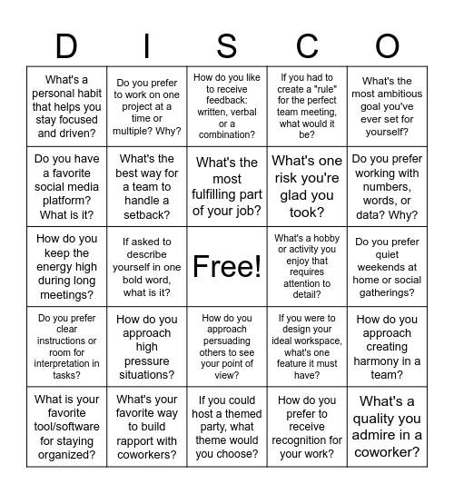 ESMI Team Building DISC Bingo Card