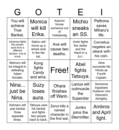 TYBW Bingo Card Bingo Card
