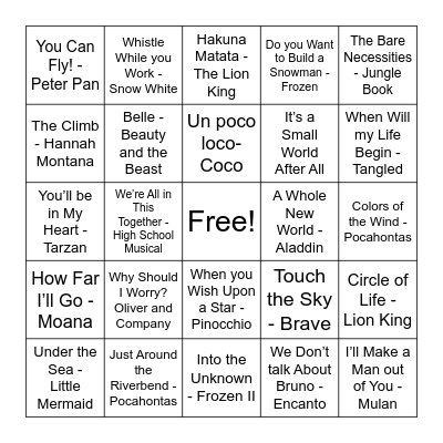 Disney SINGO! Bingo Card