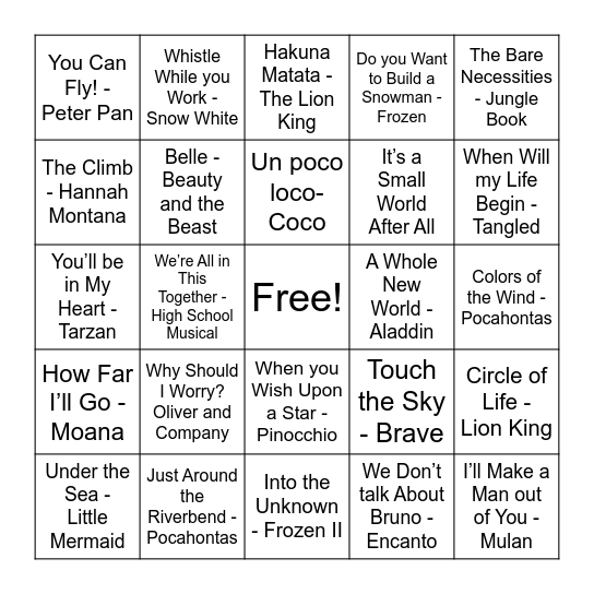 Disney SINGO! Bingo Card