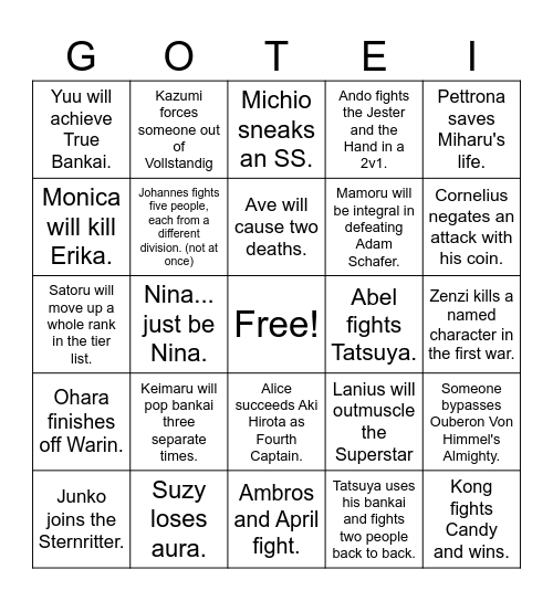 TYBW Bingo Card Bingo Card