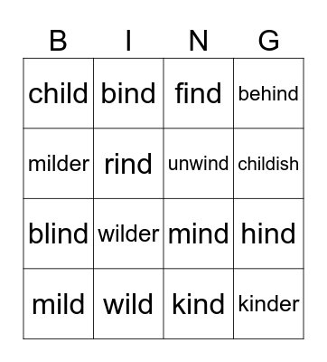 Wild Word Bingo -ild & -ind words Bingo Card