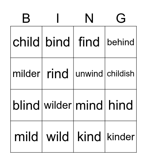 Wild Word Bingo -ild & -ind words Bingo Card