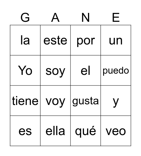 Palabras de alta frecuencia Kinder Bingo Card