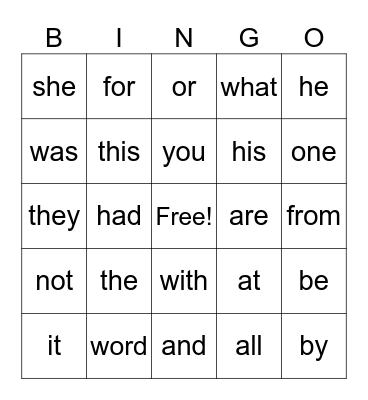 Sight Words Bingo Card