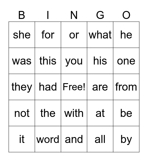 Sight Words Bingo Card