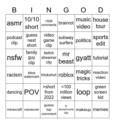 youtube shorts bingo Card