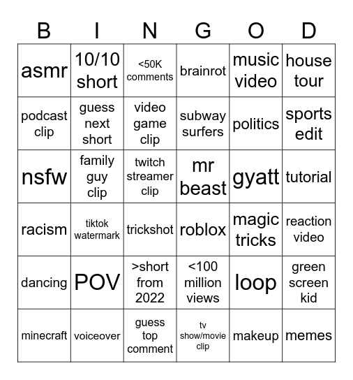 youtube shorts bingo Card