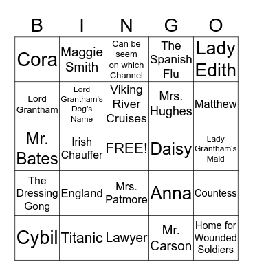Downton Abbey Bingo Card