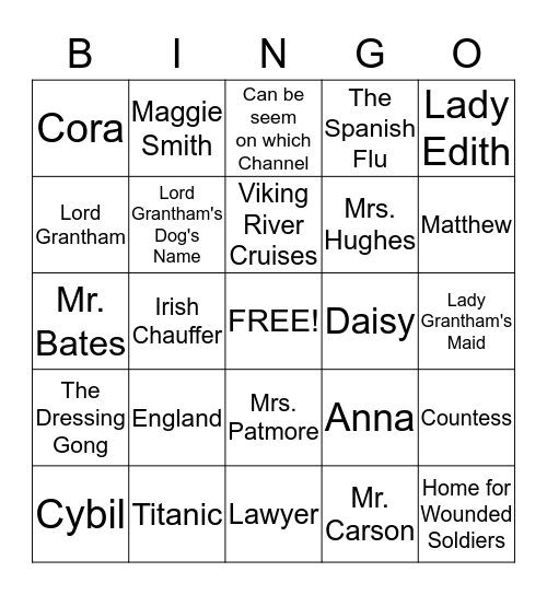 Downton Abbey Bingo Card