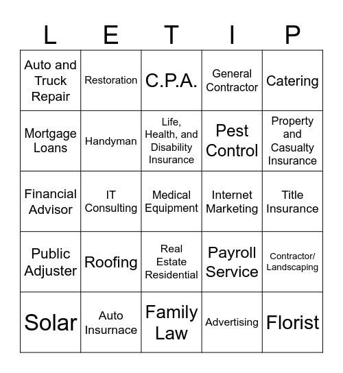 Welcome To Letip Mt. Laurel Bingo Card