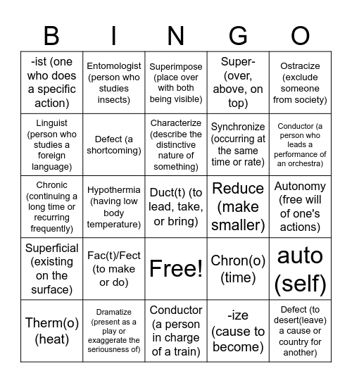 Morpheme Bingo Card