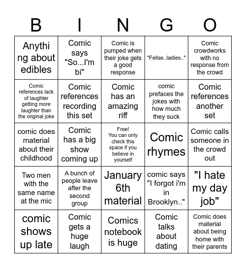 Open Mic Bingo Card