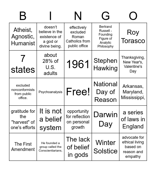 Atheist Bingo Card