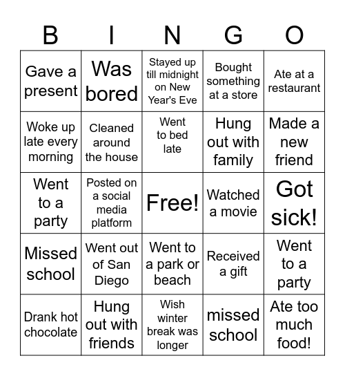 Winter Break....Welcome back! Bingo Card