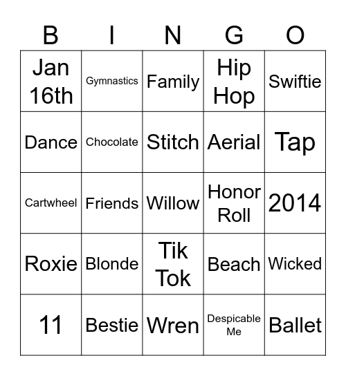Willow's Birthday Bingo Card
