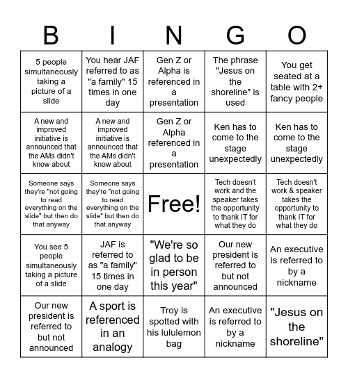 All Staff Shenanigans Bingo Card
