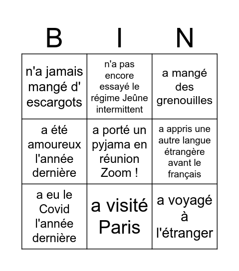 Trouve une personne qui... Bingo Card