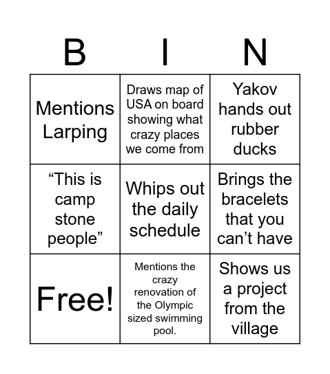 Camp Stone presentation Bingo Card