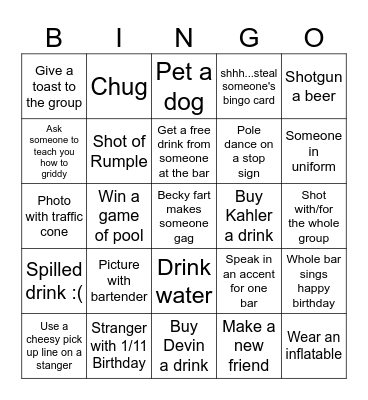 Bar Crawl Bingo Card