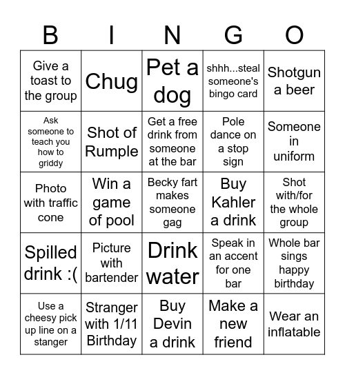 Bar Crawl Bingo Card