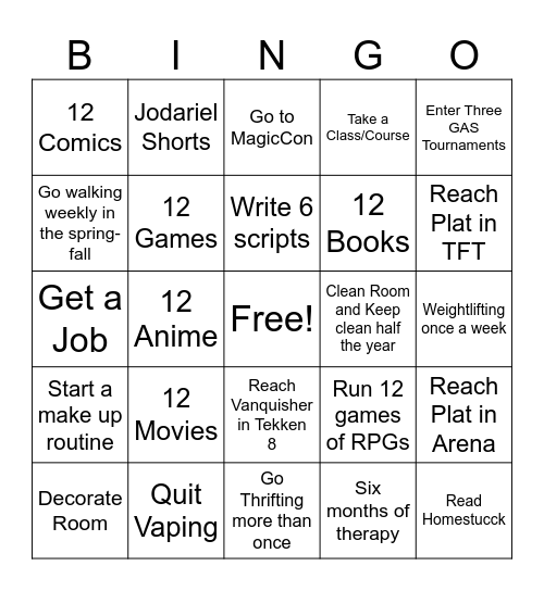 New Years Bingo Card