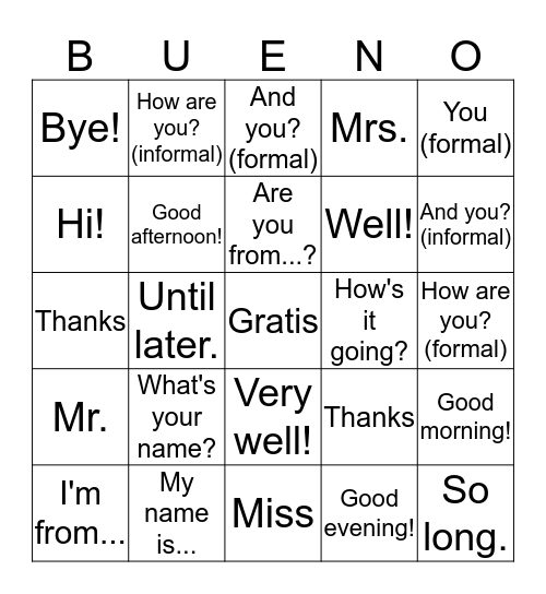 Español 1: U1L2 Bingo Card