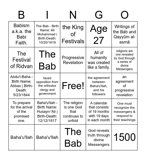 Bahai Bingo Card