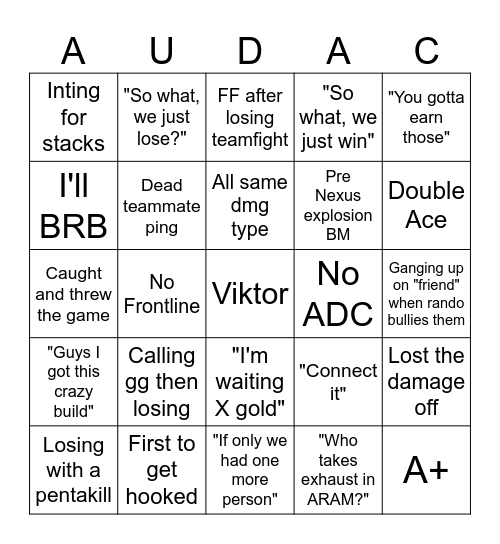 Audac Aram Bingo Card
