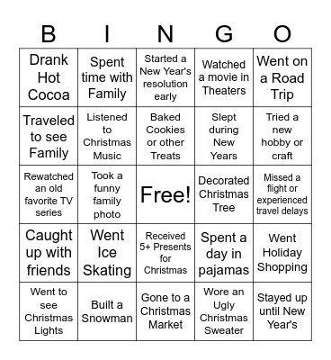 Winter Break Activities Bingo Card