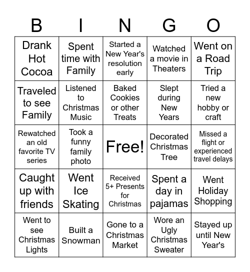 Winter Break Activities Bingo Card