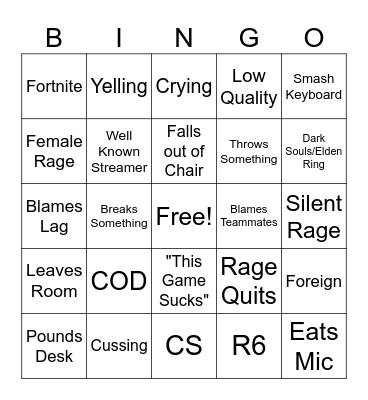 Gamer Rage Bingo Card