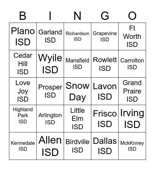 Snow Day Bingo Card