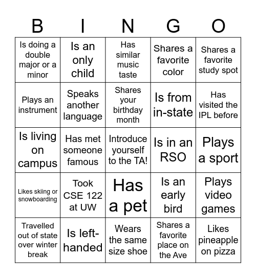 CSE 123 Section BN BINGO! Bingo Card