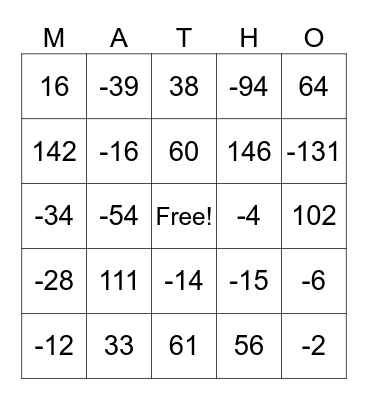 ADDITION OF INTEGERS Bingo Card