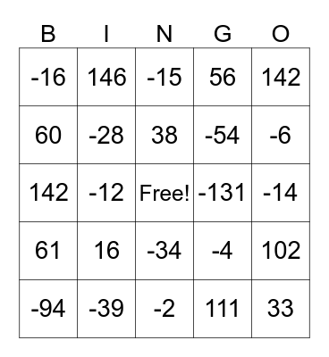 ADDITION OF INTEGERS Bingo Card
