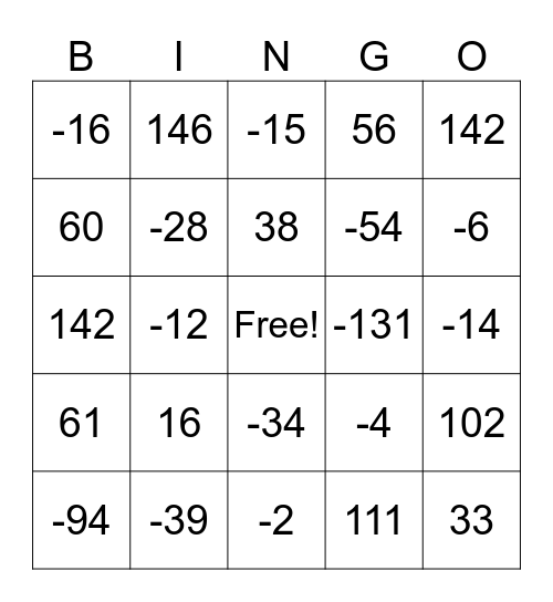 ADDITION OF INTEGERS Bingo Card