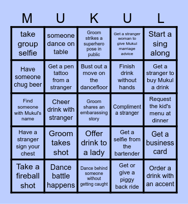 Mukul's Bachelor Party Bingo Card