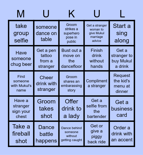 Mukul's Bachelor Party Bingo Card