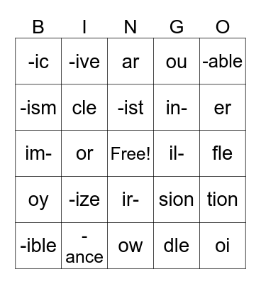 5th Grade Phonics Review Bingo Card