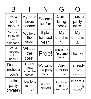 Museum Birthday Bingo Card