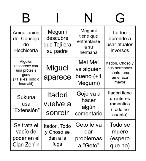 3ra Temporada Jujutsu Bingo Card