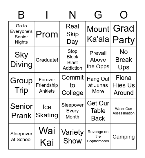 Things We Wanna Do Bingo Card